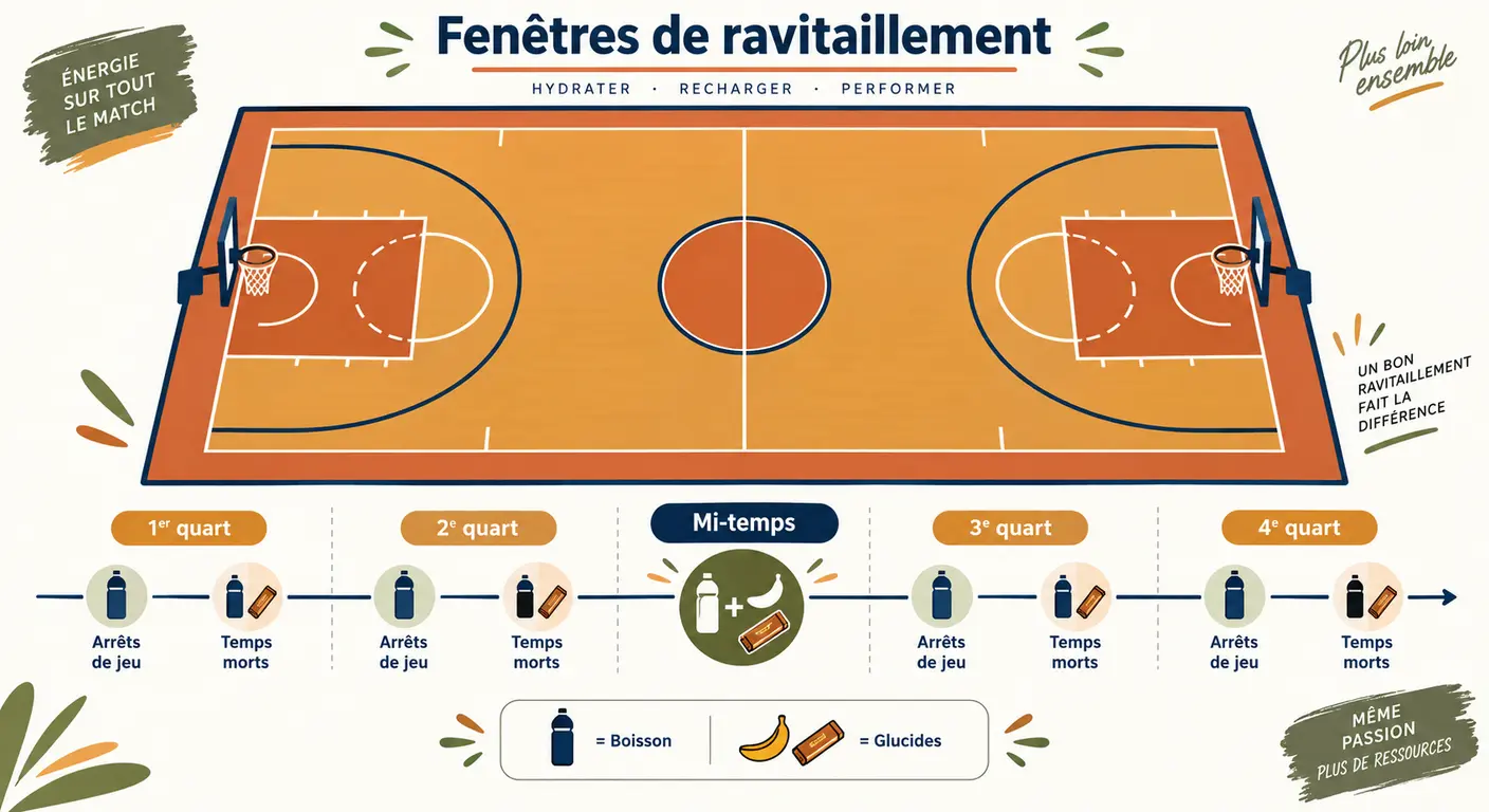 Schéma des fenêtres de ravitaillement sur un terrain, positionnées sur les arrêts de jeu.