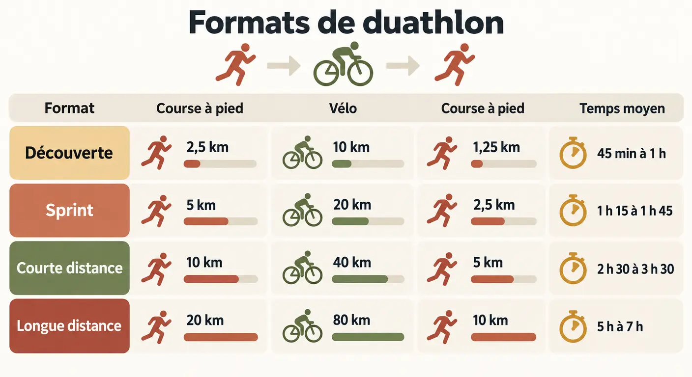 Les quatre formats de duathlon, leurs distances et leurs durées moyennes