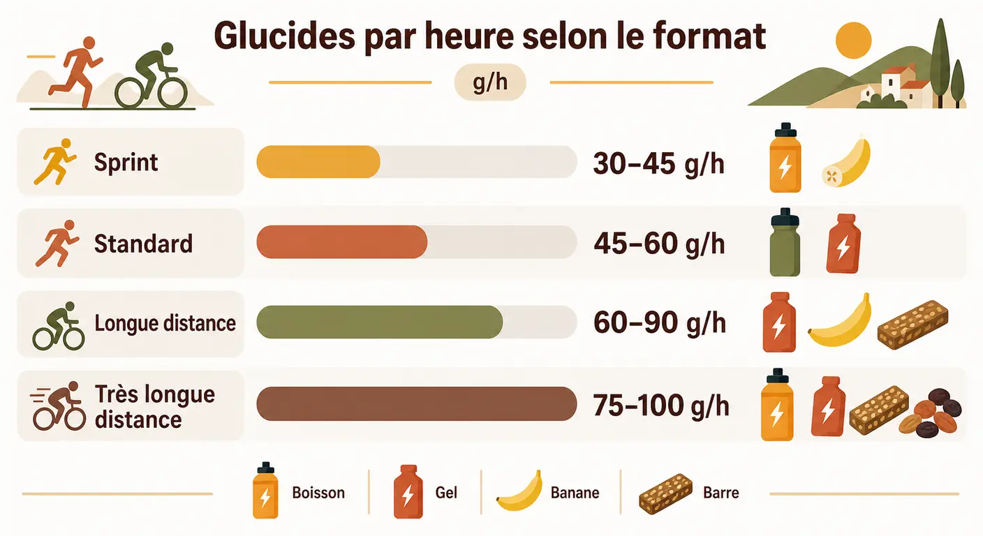 Apports glucidiques horaires recommandés selon le format de duathlon