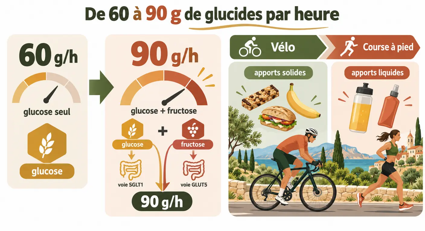 Passage de 60 à 90 g de glucides par heure et répartition entre vélo et course à pied