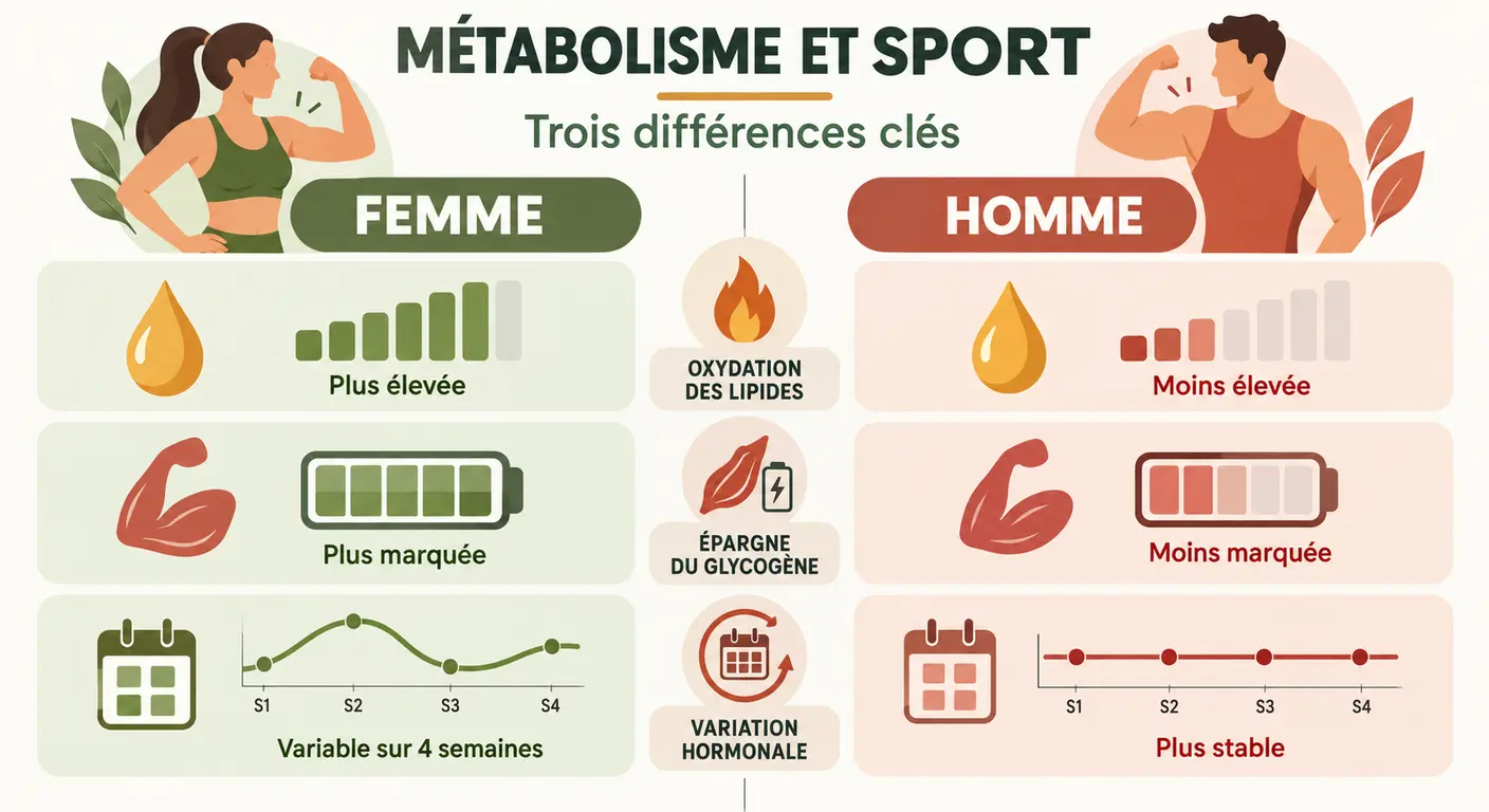 Infographie comparant le métabolisme énergétique de la femme et de l'homme sportifs