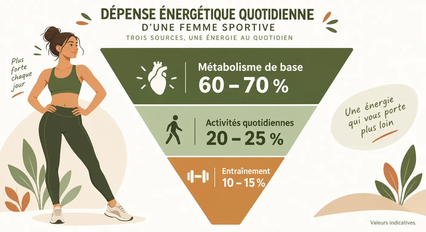 Infographie décomposant les besoins caloriques quotidiens d'une femme sportive