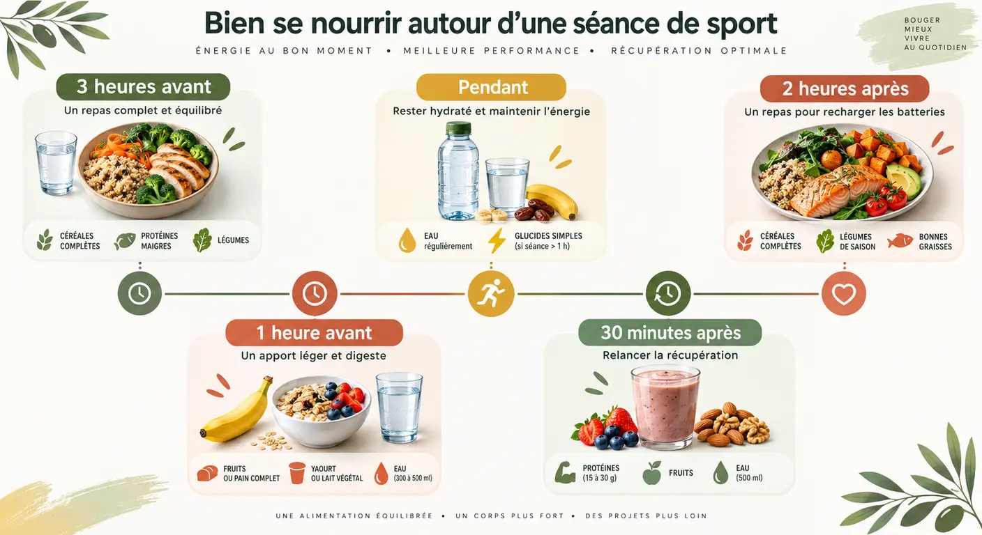 Infographie de la chronologie des apports nutritionnels autour d'une séance de sport