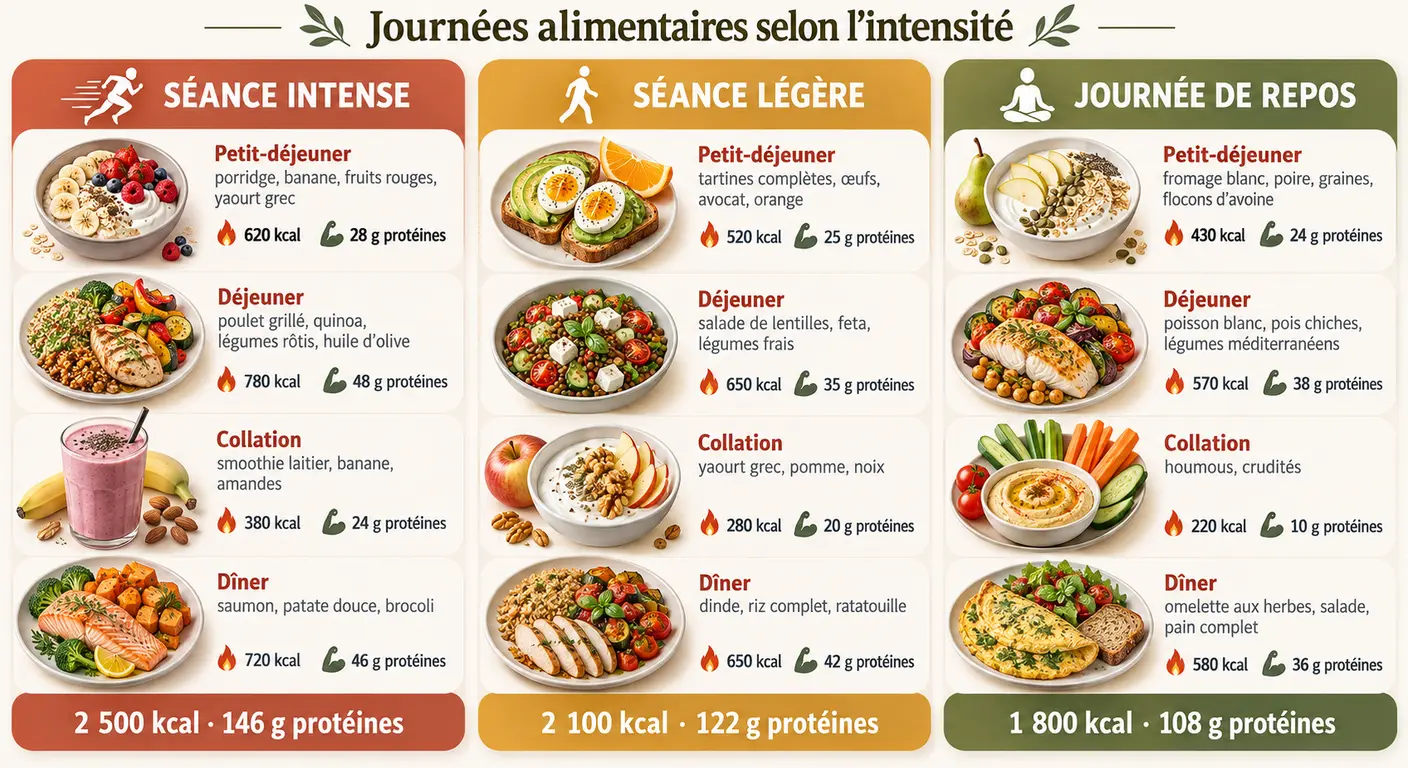 Infographie de trois journées alimentaires types selon l'intensité de la séance