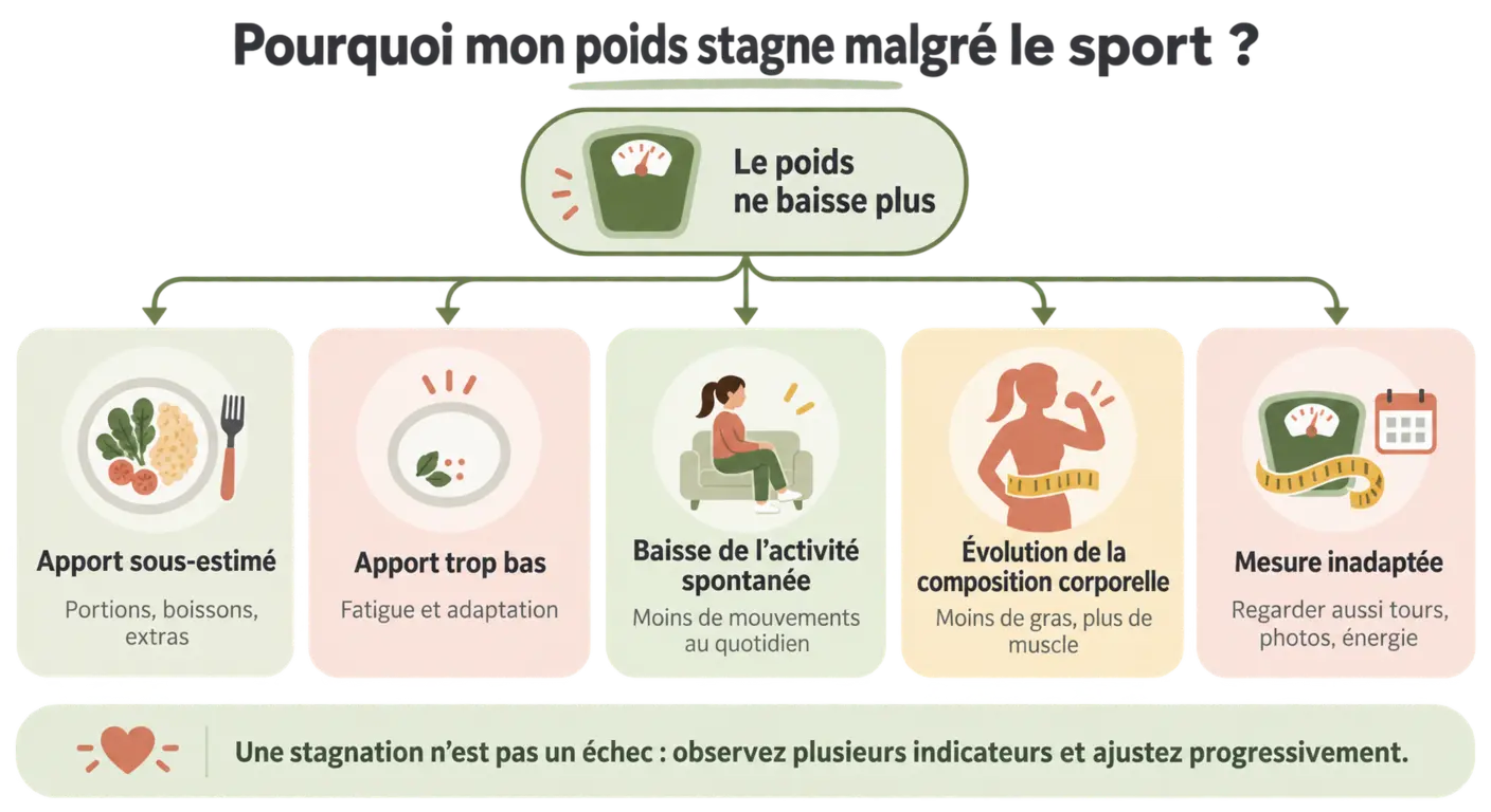 Infographie des cinq causes de stagnation de la perte de poids chez la femme sportive