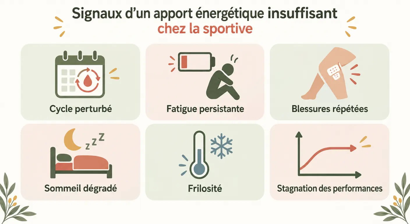 Infographie des six signaux d'un apport énergétique insuffisant chez la femme sportive