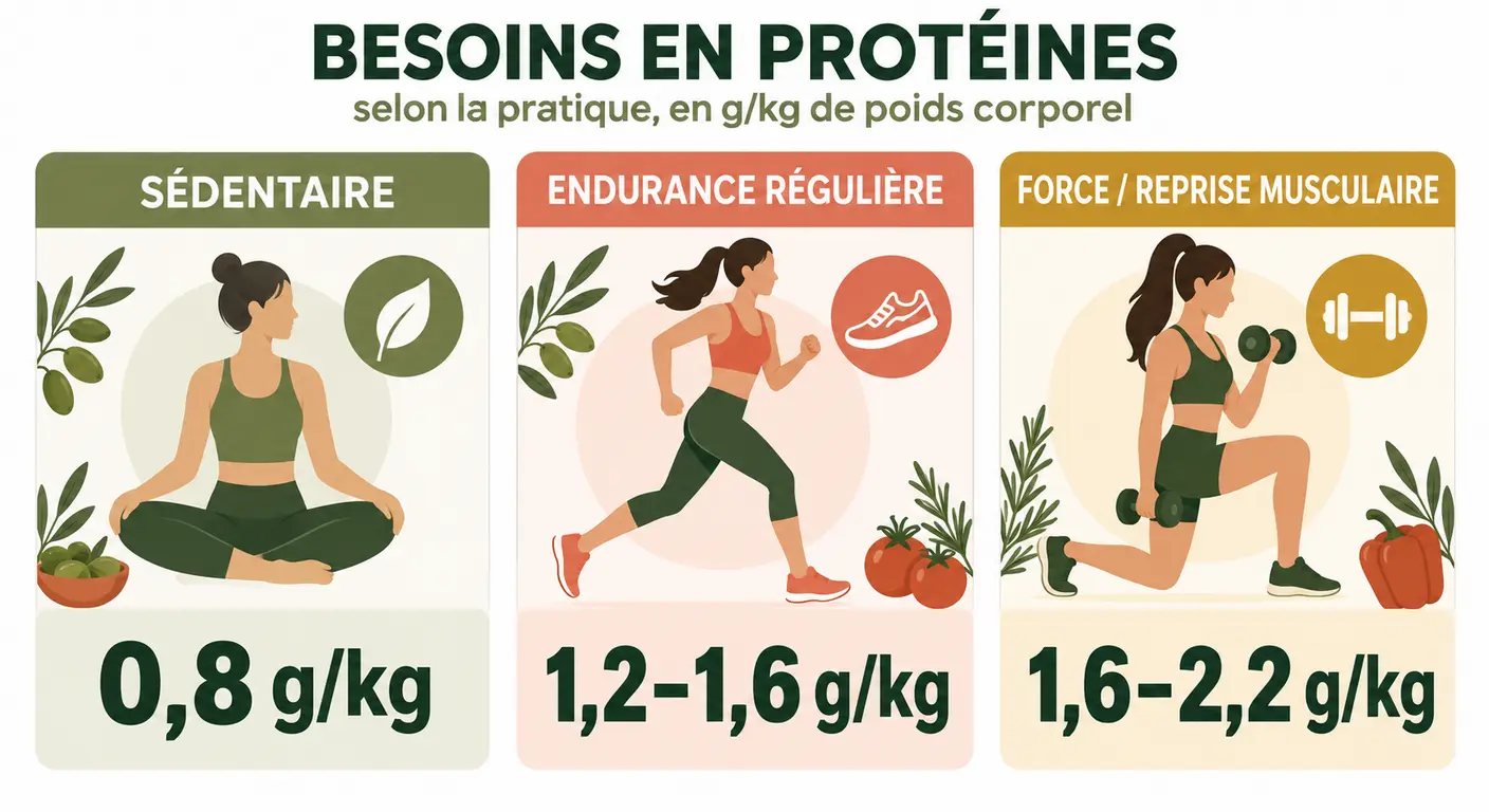 Infographie des cibles protéiques quotidiennes selon le type de pratique sportive