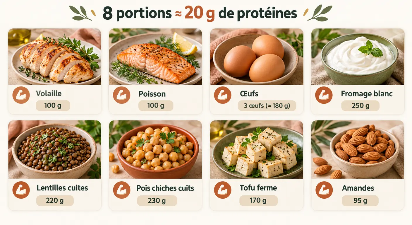Infographie de huit portions alimentaires apportant vingt grammes de protéines