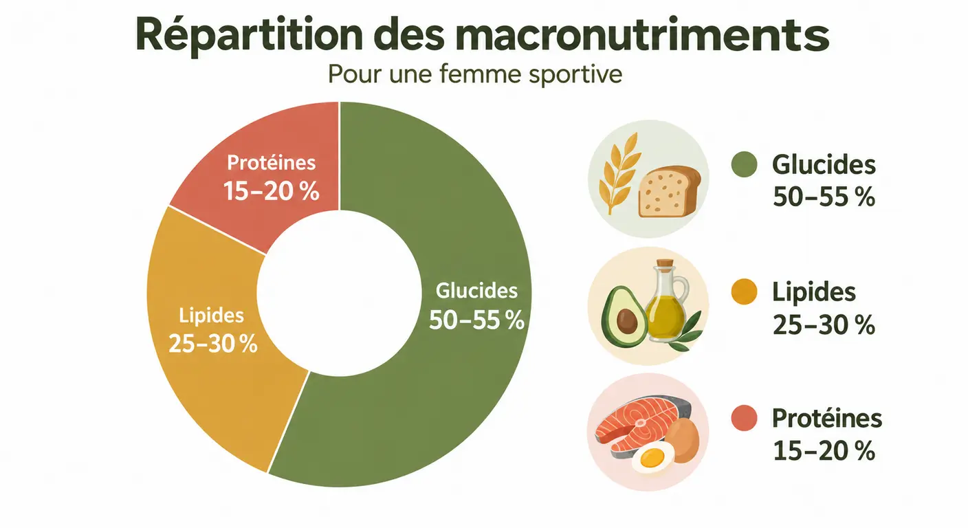 Infographie de la répartition recommandée des macronutriments chez la femme sportive