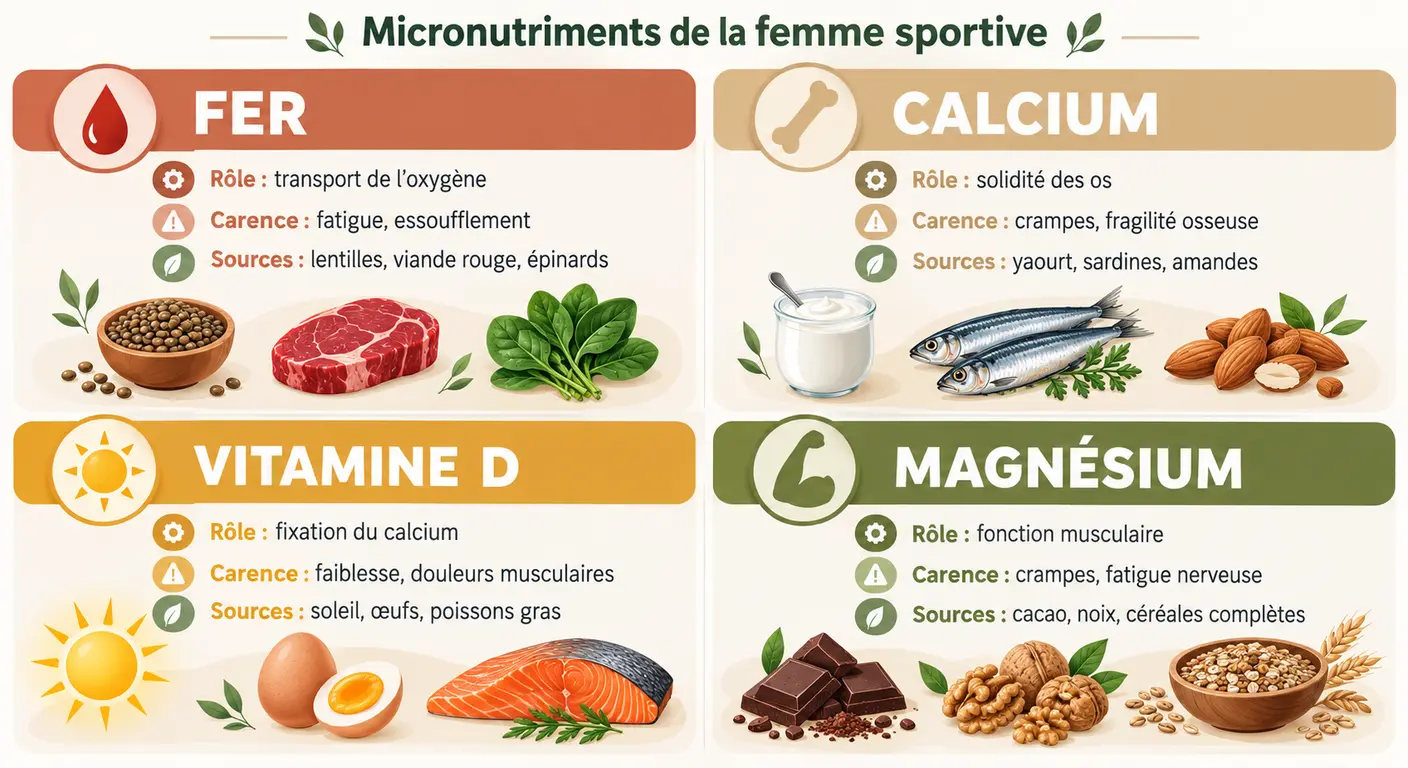 Infographie des quatre micronutriments critiques chez la femme sportive