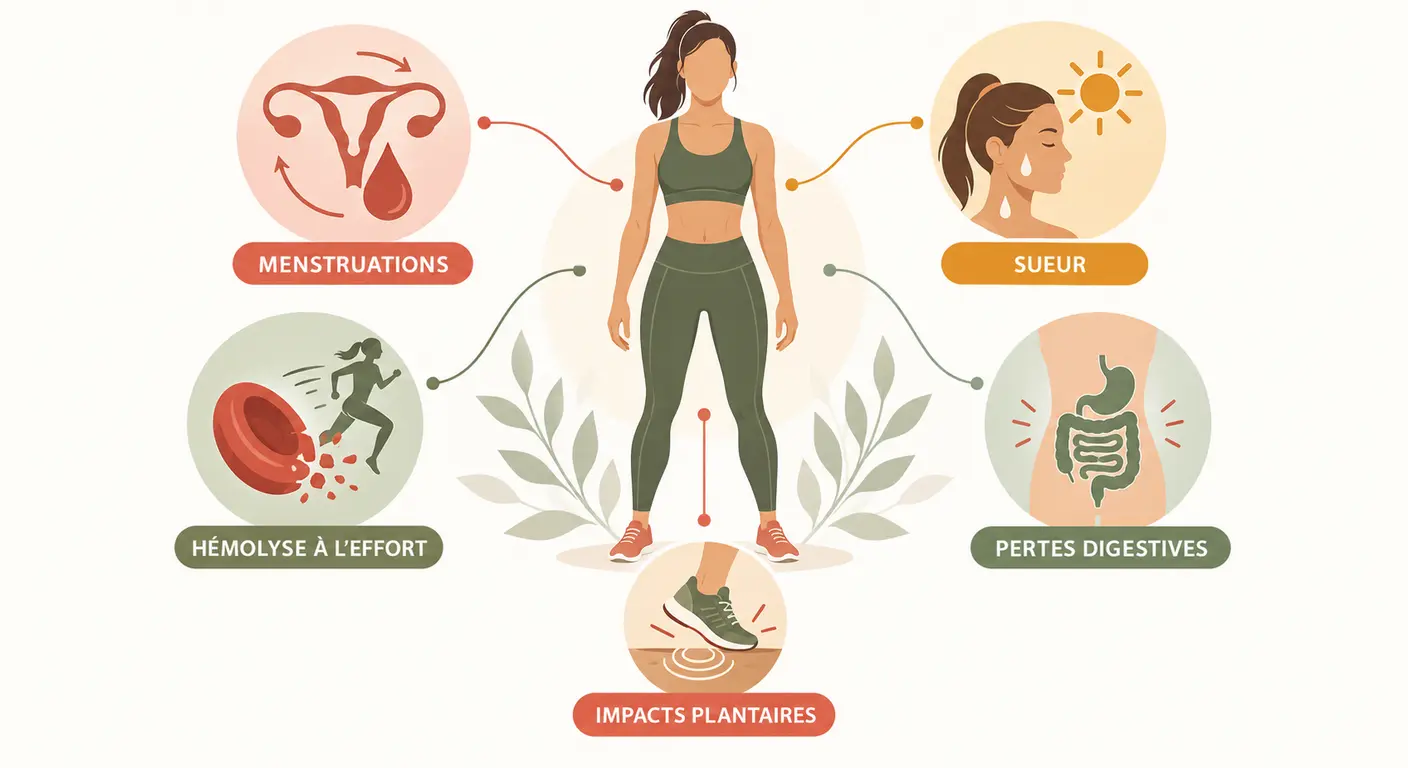 Infographie des cinq voies de perte de fer chez la femme sportive