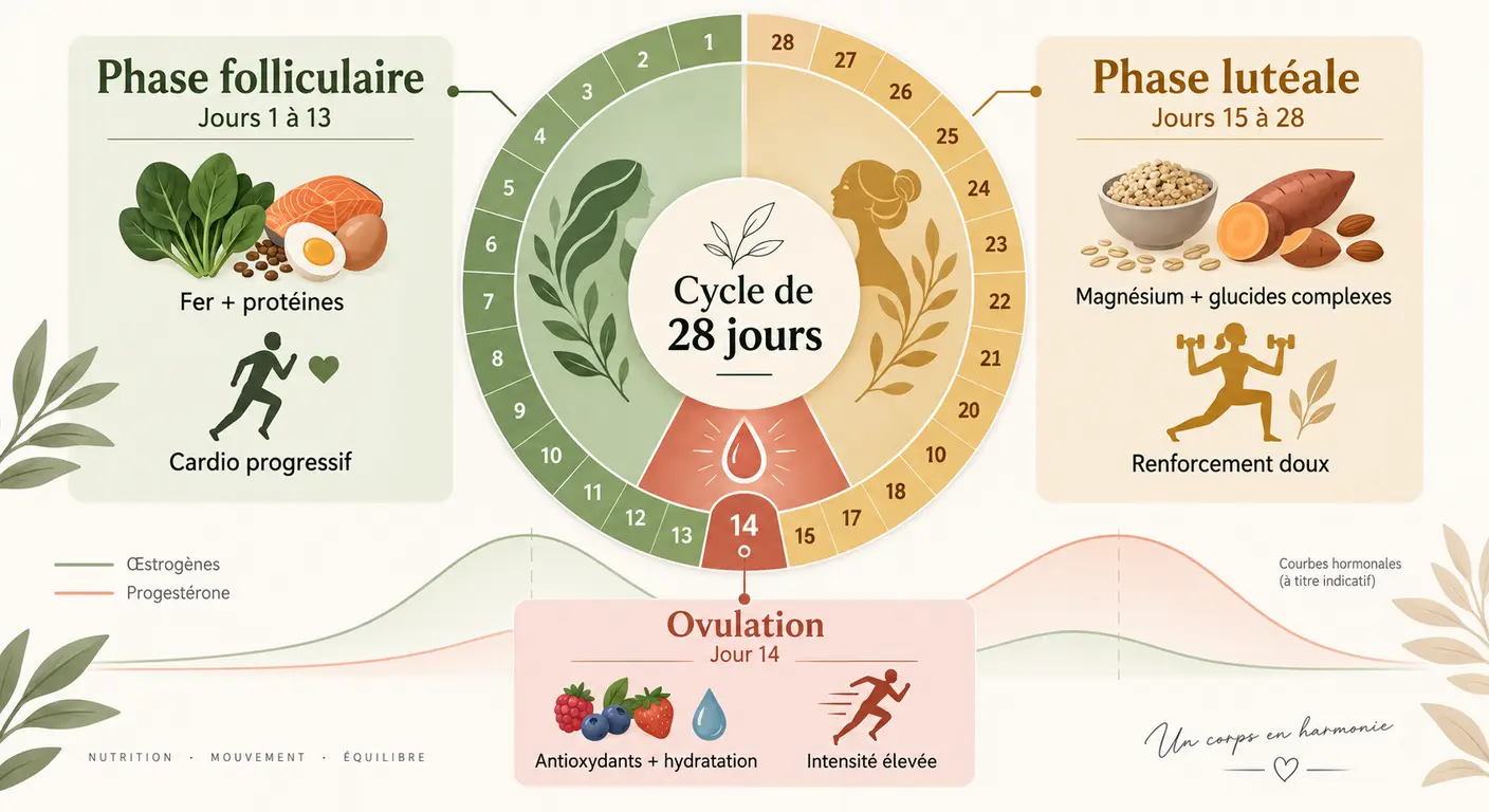 Infographie de l'adaptation nutritionnelle aux phases du cycle menstruel