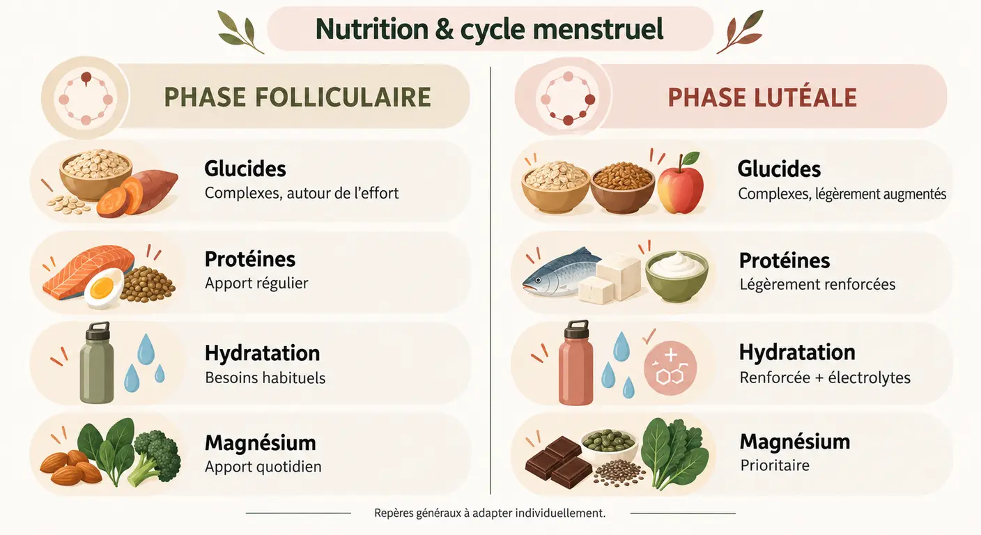 Infographie comparant les priorités nutritionnelles en phases folliculaire et lutéale