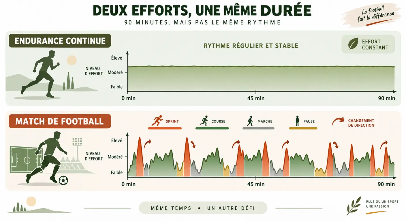 Infographie comparant l'effort continu et l'effort intermittent au football