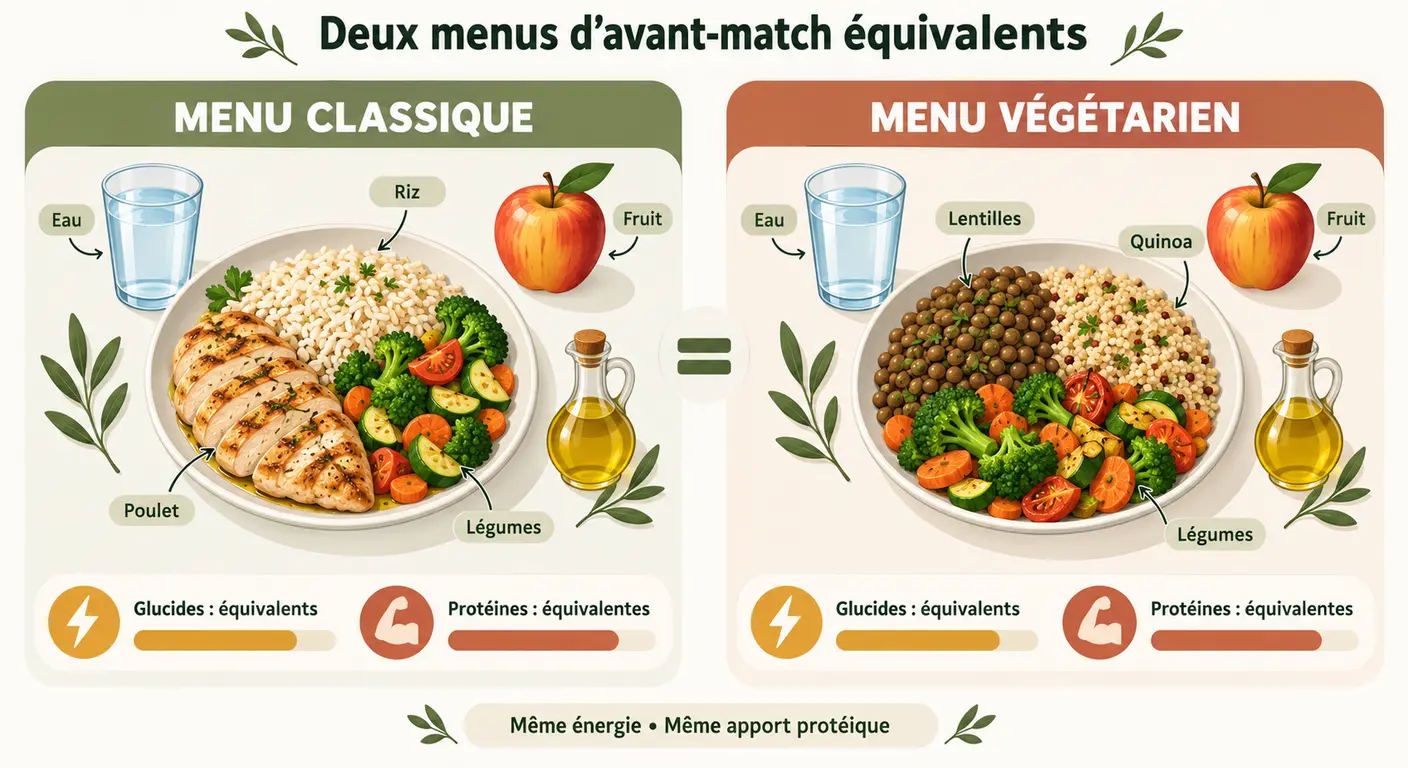 Infographie comparant un menu d'avant-match classique et un menu végétarien