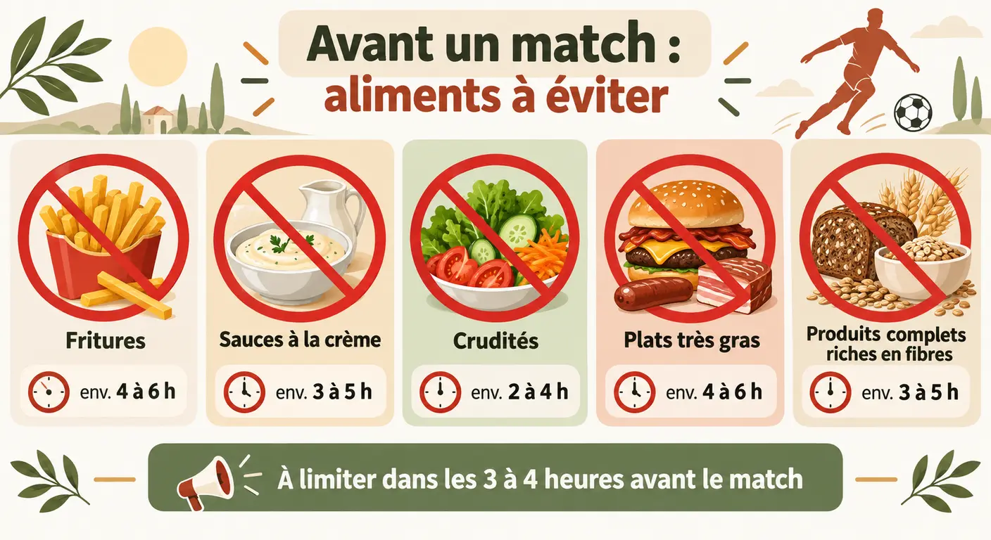 Infographie des aliments à écarter avant un match de football