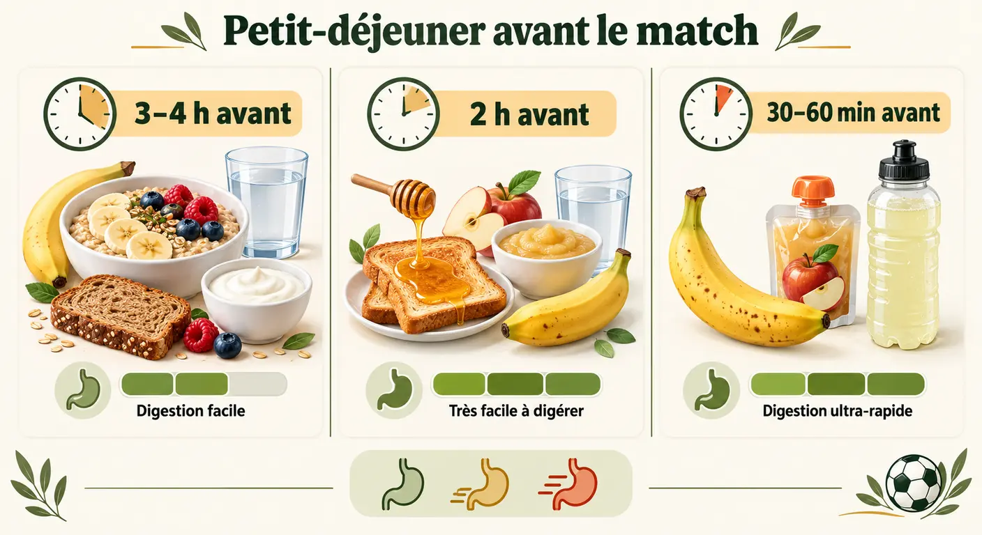 Infographie de trois petits-déjeuners adaptés à un match de football le matin