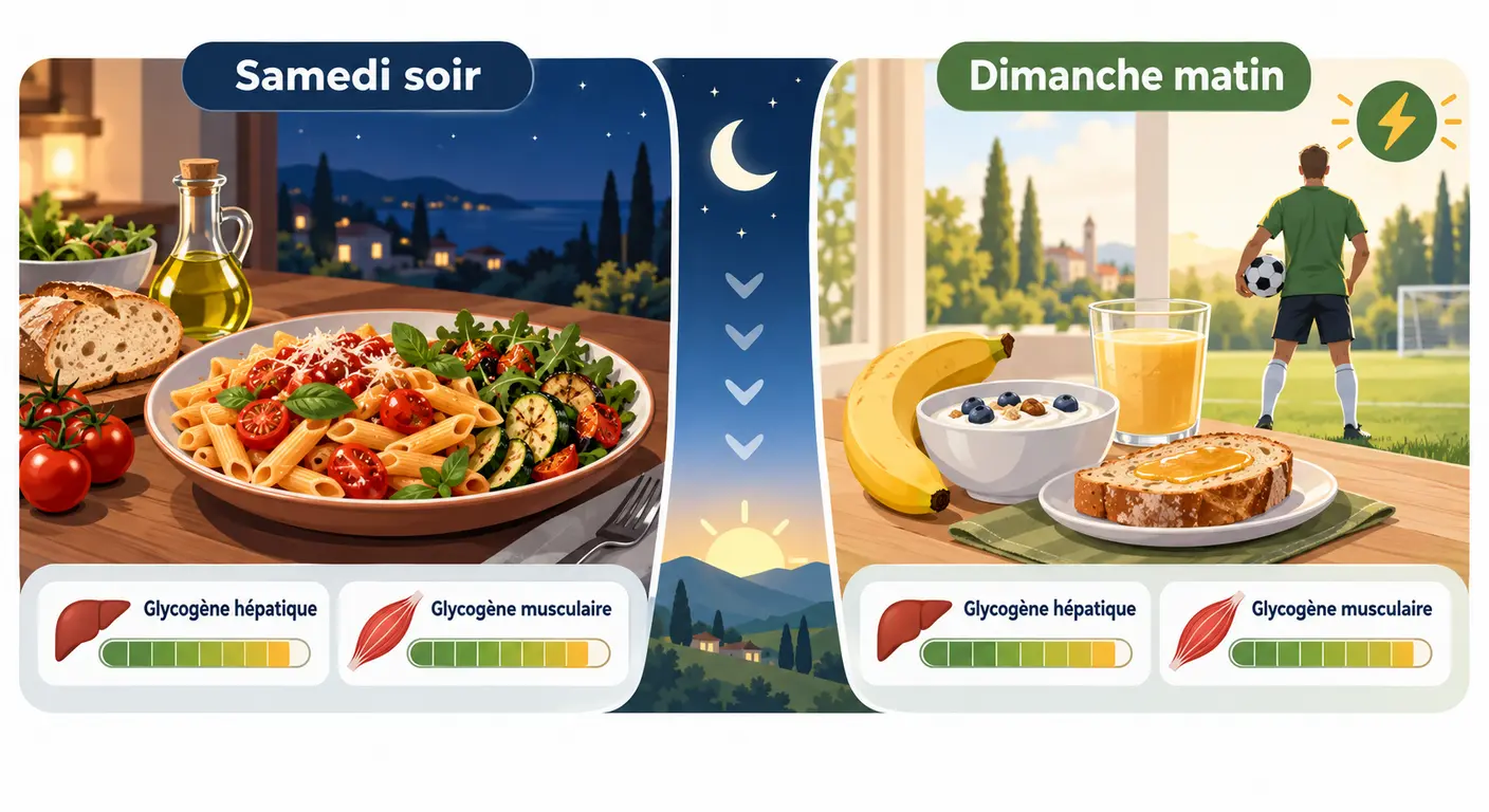 Infographie du rôle du dîner de la veille dans la recharge glucidique avant un match du matin