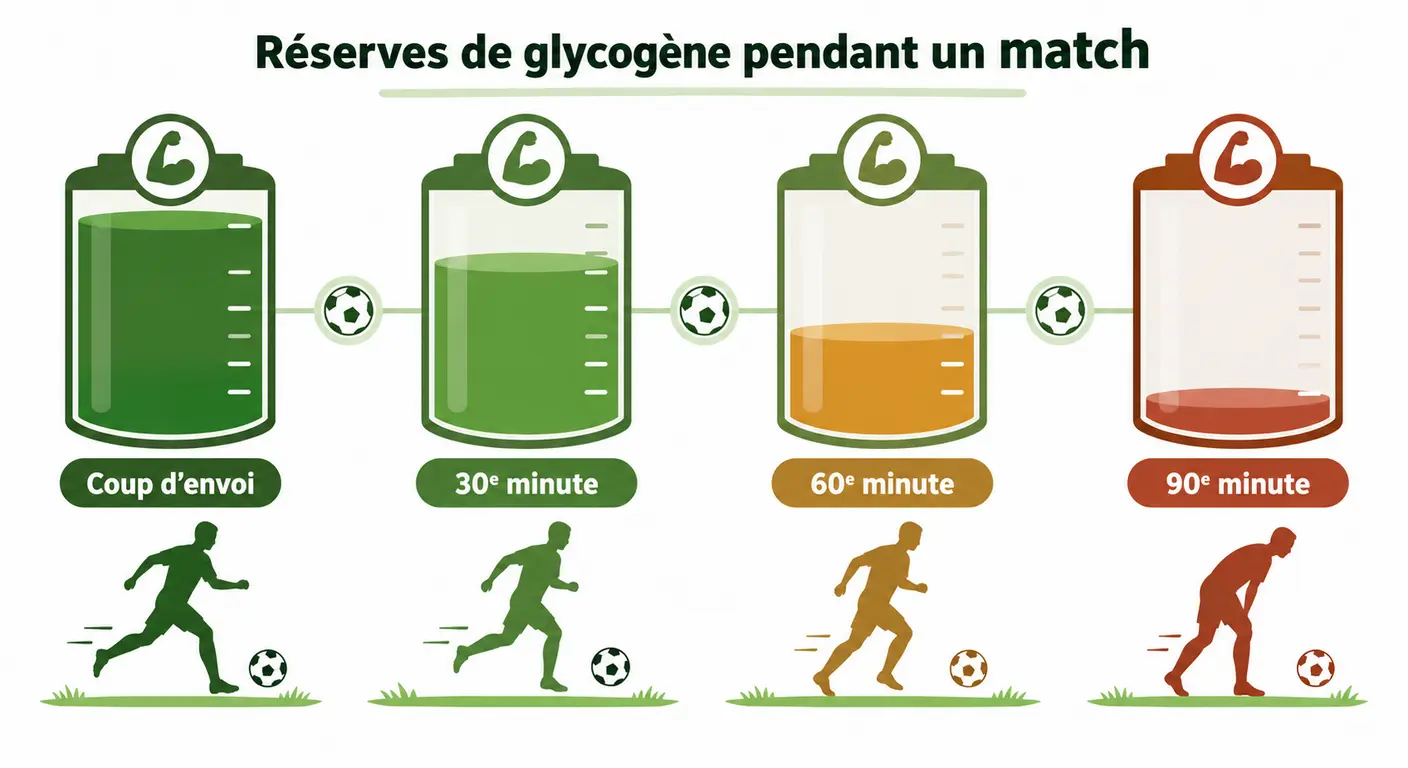 Infographie de la baisse des réserves de glycogène au fil d'un match de football