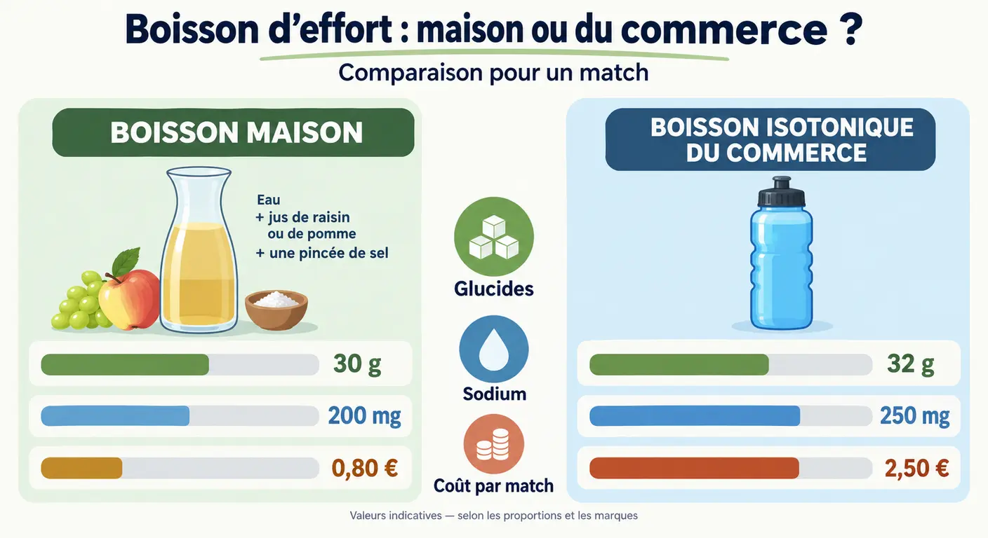 Infographie comparant une boisson d'effort maison et une boisson isotonique du commerce