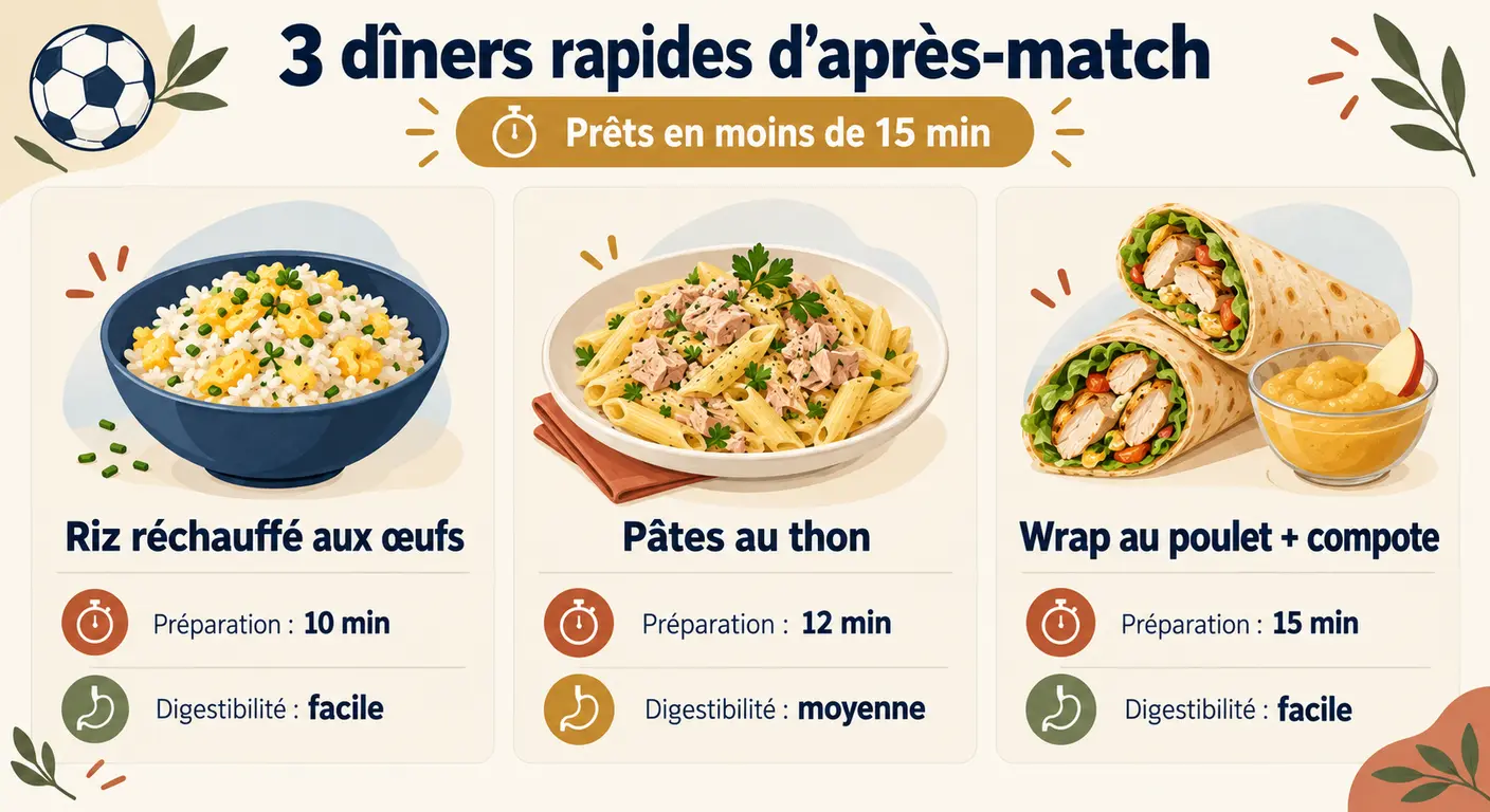 Infographie de trois repas d'après-match rapides pour un retour tardif