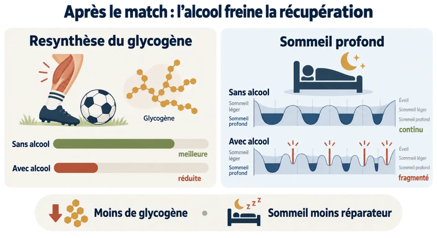 Infographie de l'effet de l'alcool sur la récupération et le sommeil du footballeur