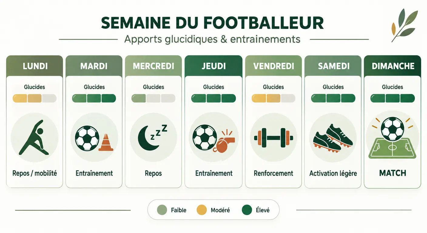 Infographie de la semaine type d'un footballeur amateur avec niveaux d'apports