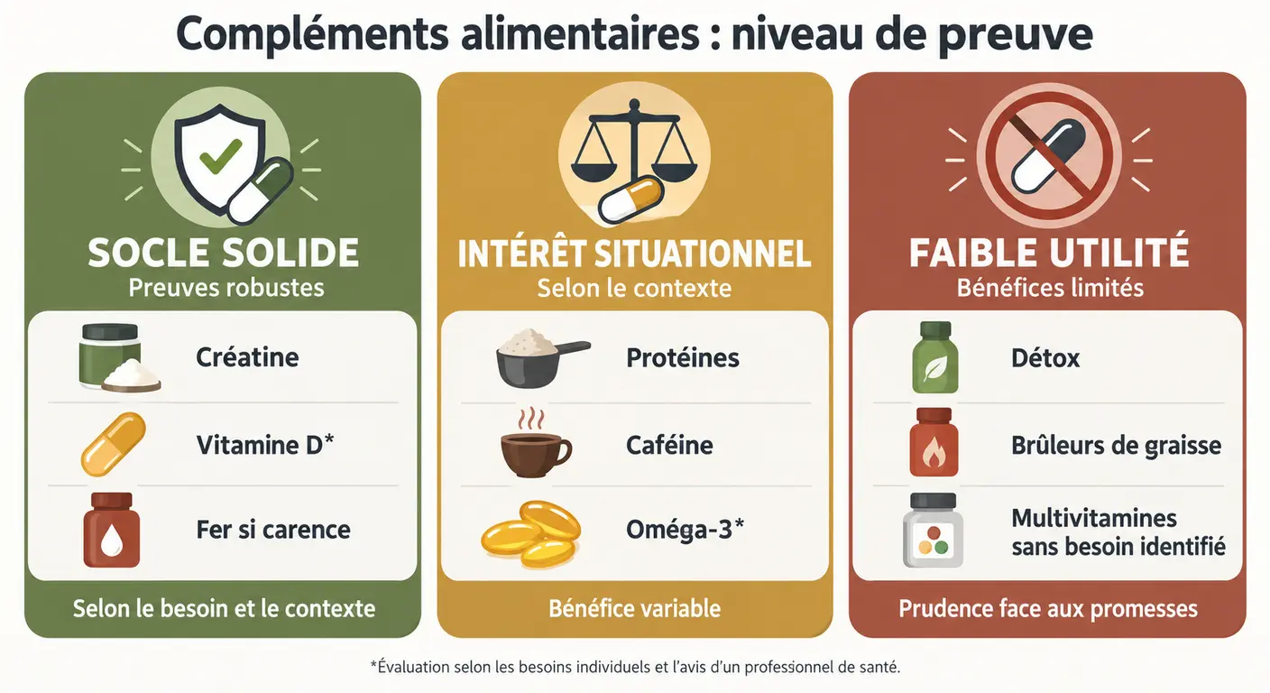 Infographie du classement des compléments alimentaires selon leur niveau de preuve pour le football
