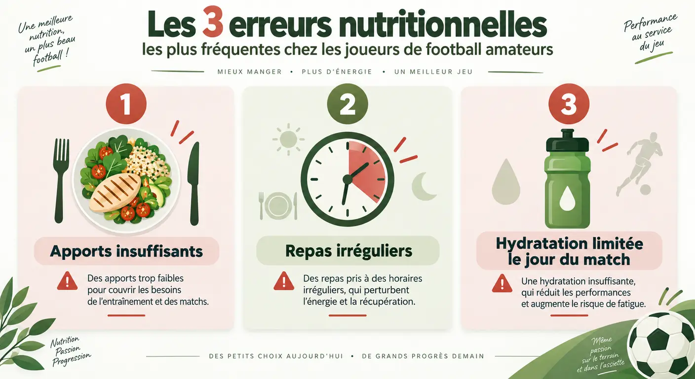 Infographie des trois erreurs nutritionnelles les plus fréquentes chez le footballeur amateur