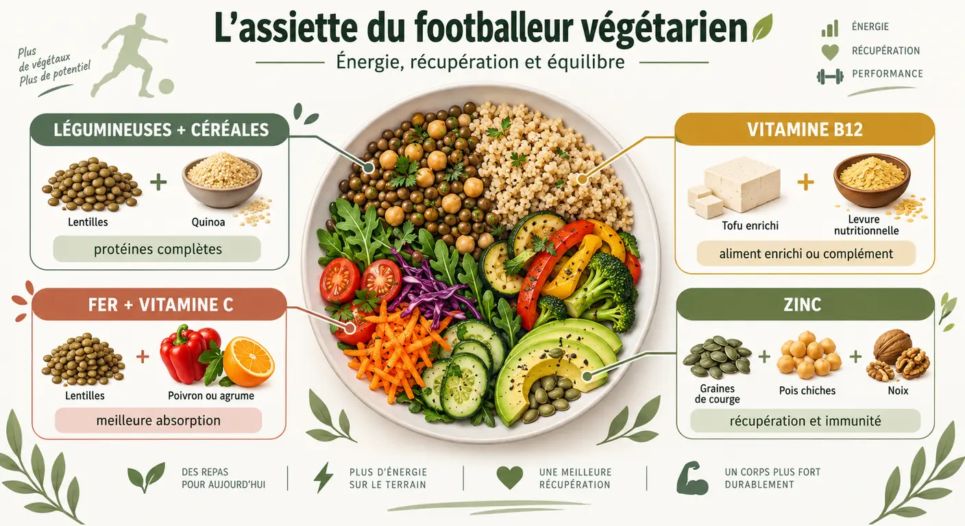 Infographie de l'assiette d'un footballeur végétarien ou végétalien