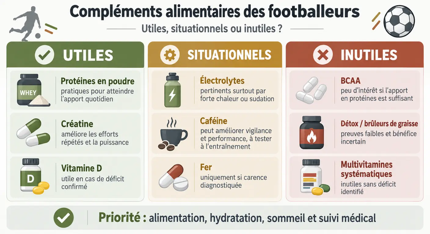 Infographie du tri des compléments alimentaires utiles et inutiles pour un footballeur
