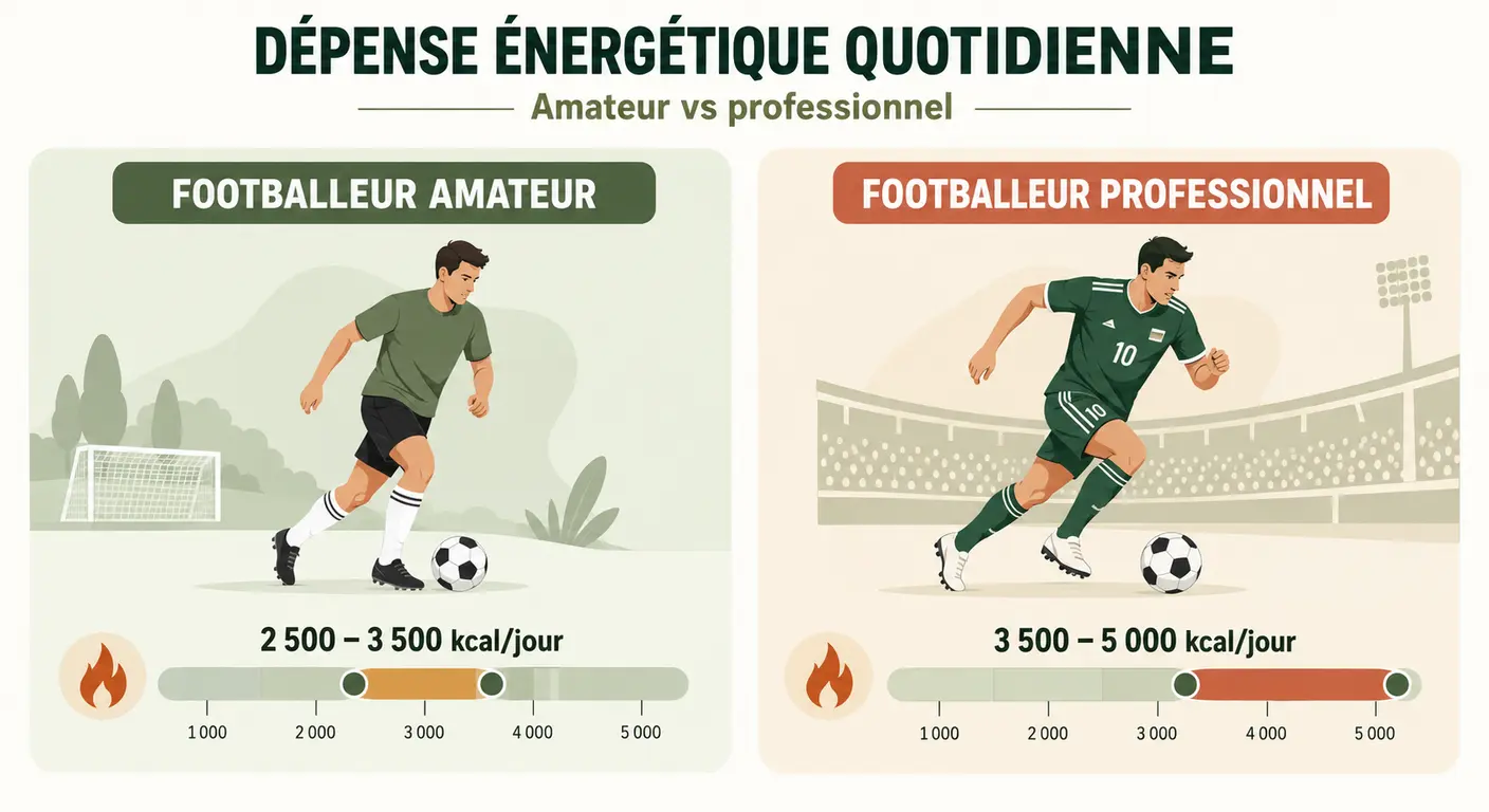 Infographie de la dépense énergétique quotidienne d'un footballeur amateur comparée à celle d'un professionnel