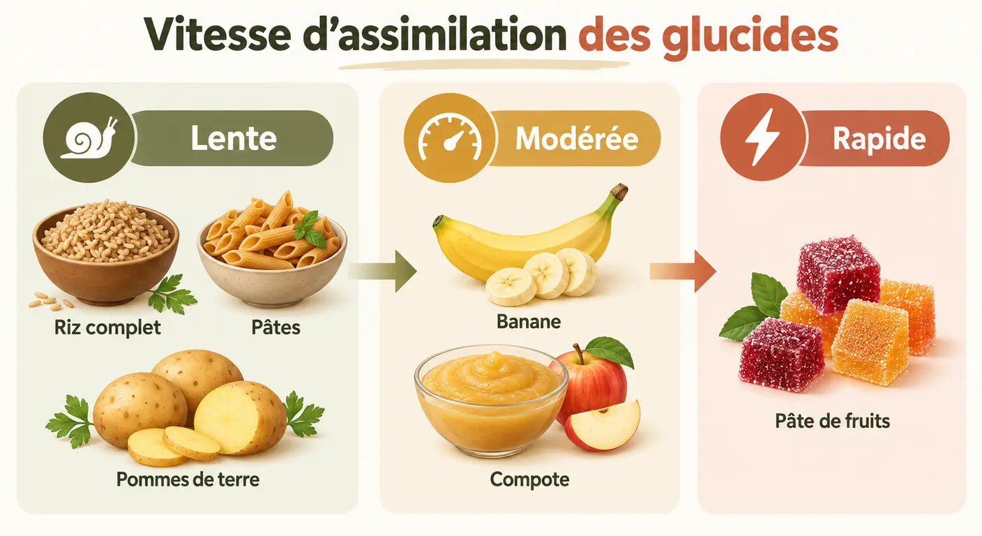 Infographie des sources de glucides classées par vitesse d'assimilation