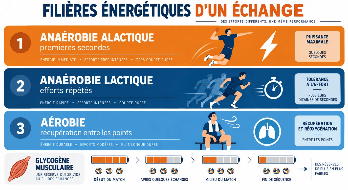 Infographie des filières énergétiques mobilisées lors des efforts brefs et répétés en handball et en volley