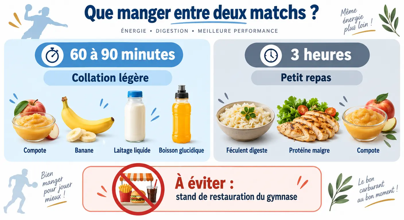 Infographie des options alimentaires entre deux matchs d'un tournoi de handball ou de volley