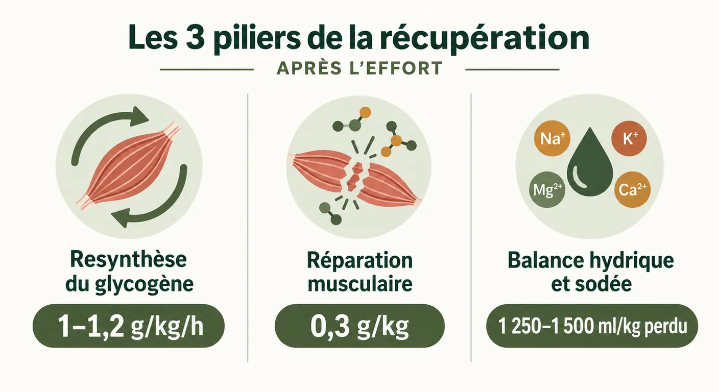 Infographie des trois mécanismes activés par la ration de récupération après un match en salle