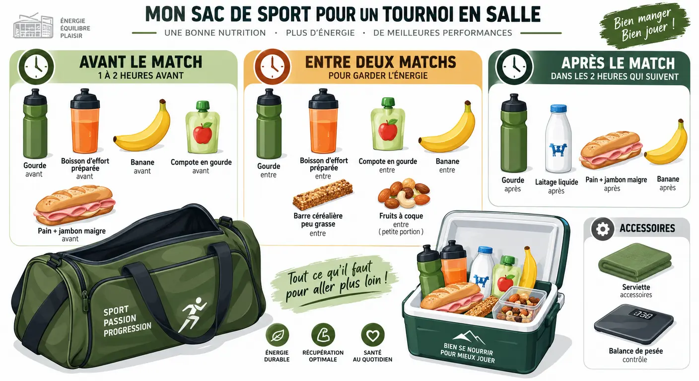 Infographie du contenu du sac de match et de la glacière pour un tournoi de handball ou de volley