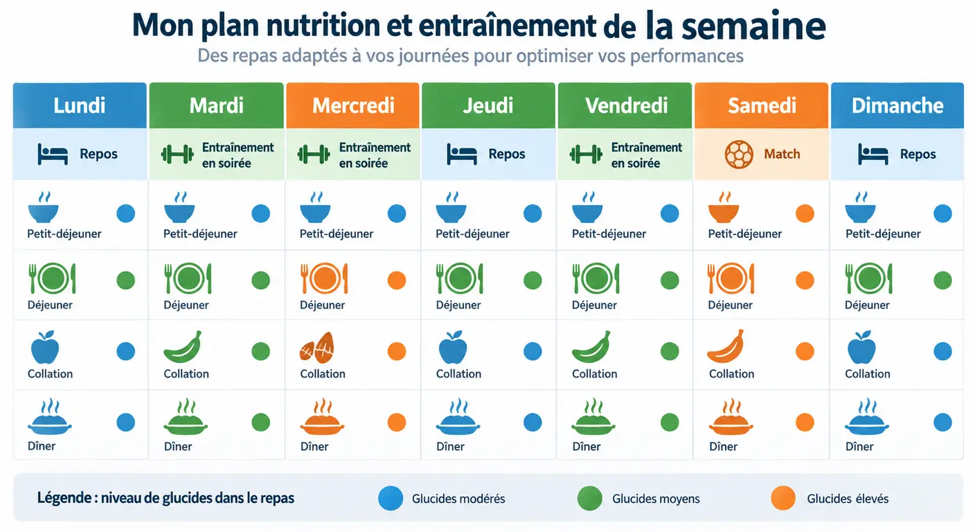Infographie d'une semaine type de repas pour un joueur de handball ou de volley amateur