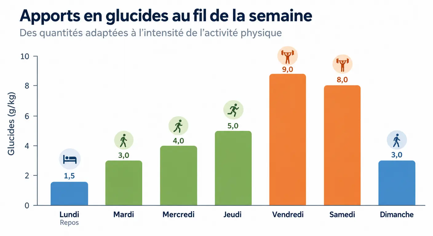 Infographie de la modulation des apports en glucides sur une semaine de joueur en salle