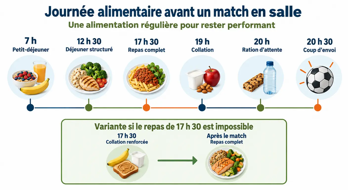 Infographie de la journée type d'un joueur amateur avec un match en soirée à 20 h 30