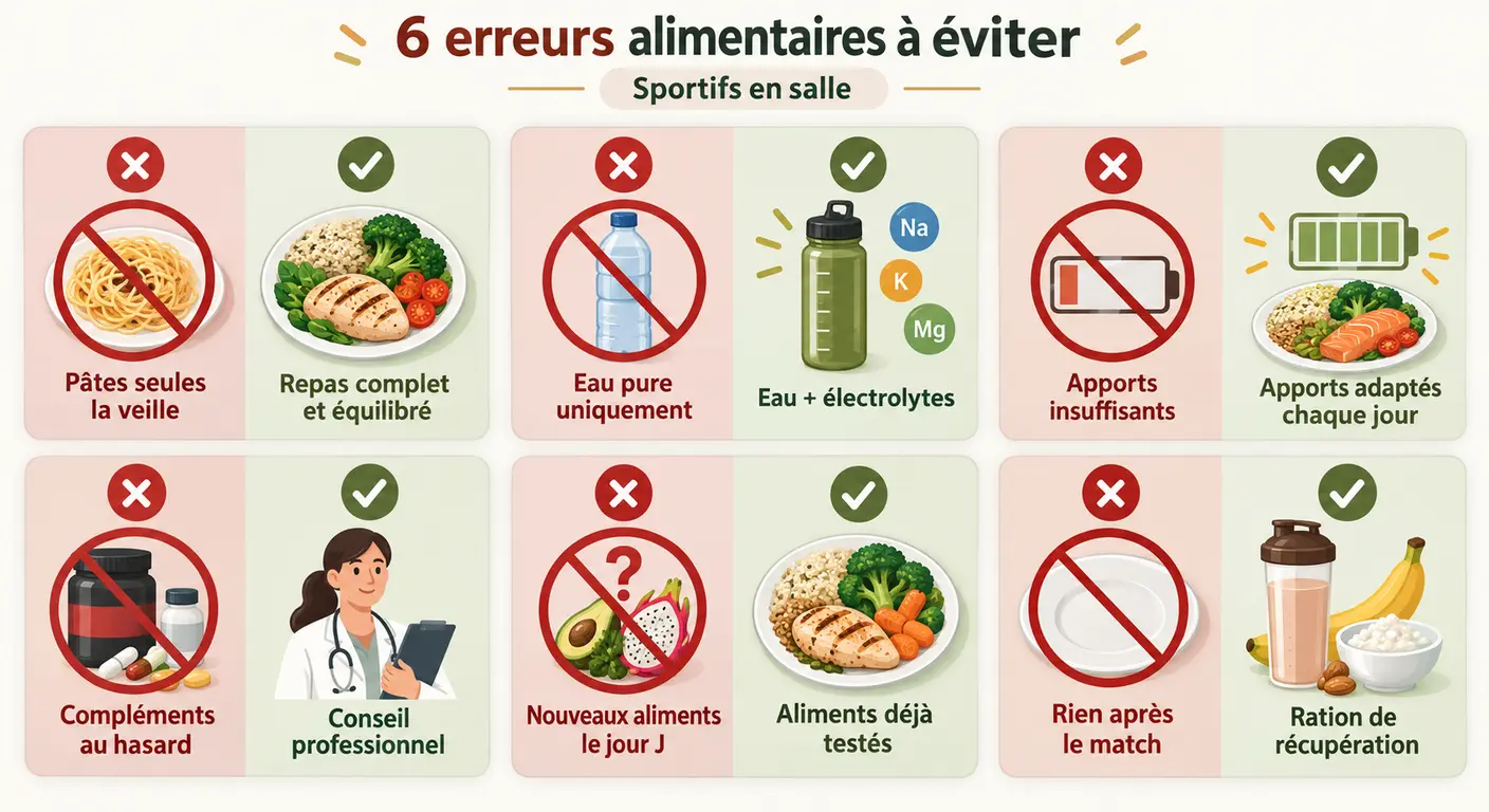 Infographie des six erreurs alimentaires fréquentes du joueur en salle et de leurs corrections