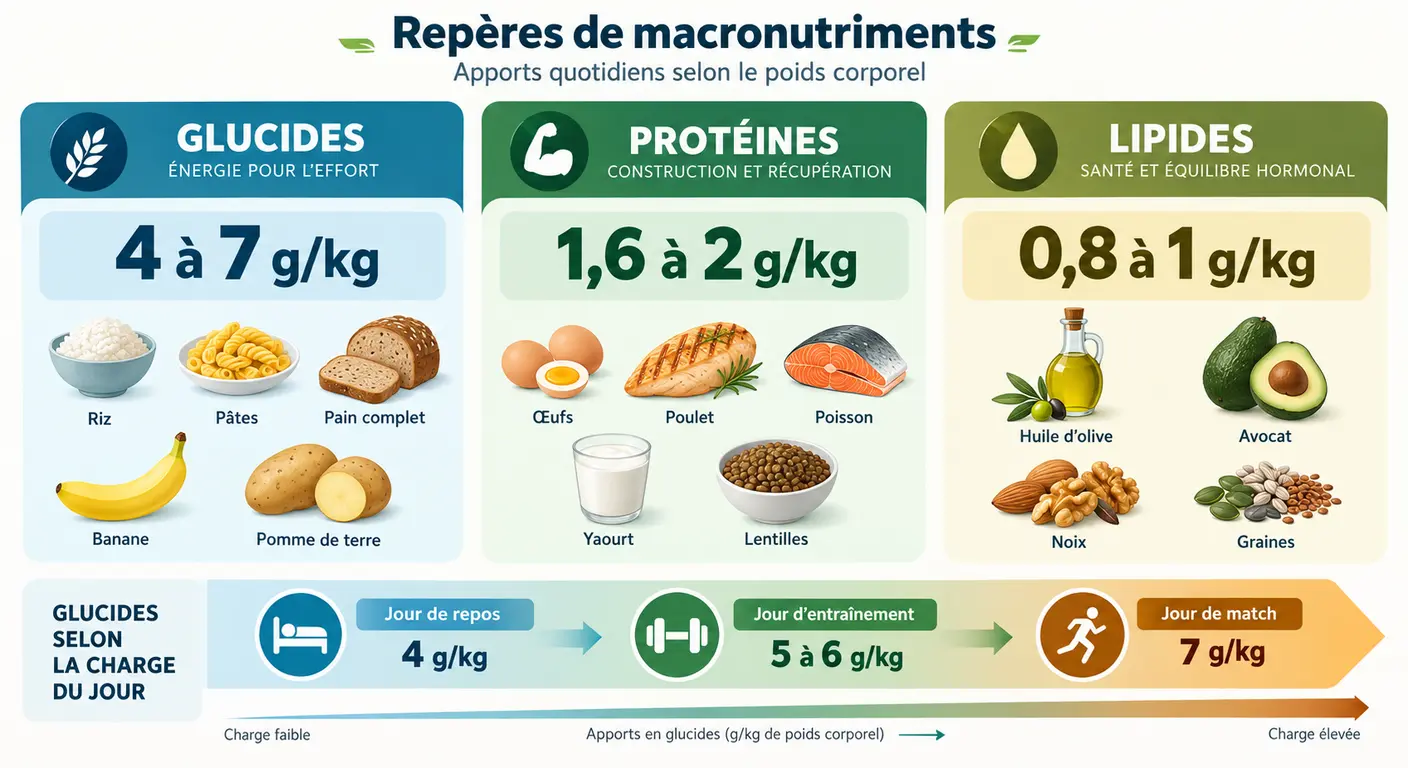 Infographie des apports quotidiens en glucides, protéines et lipides par kilo de poids de corps