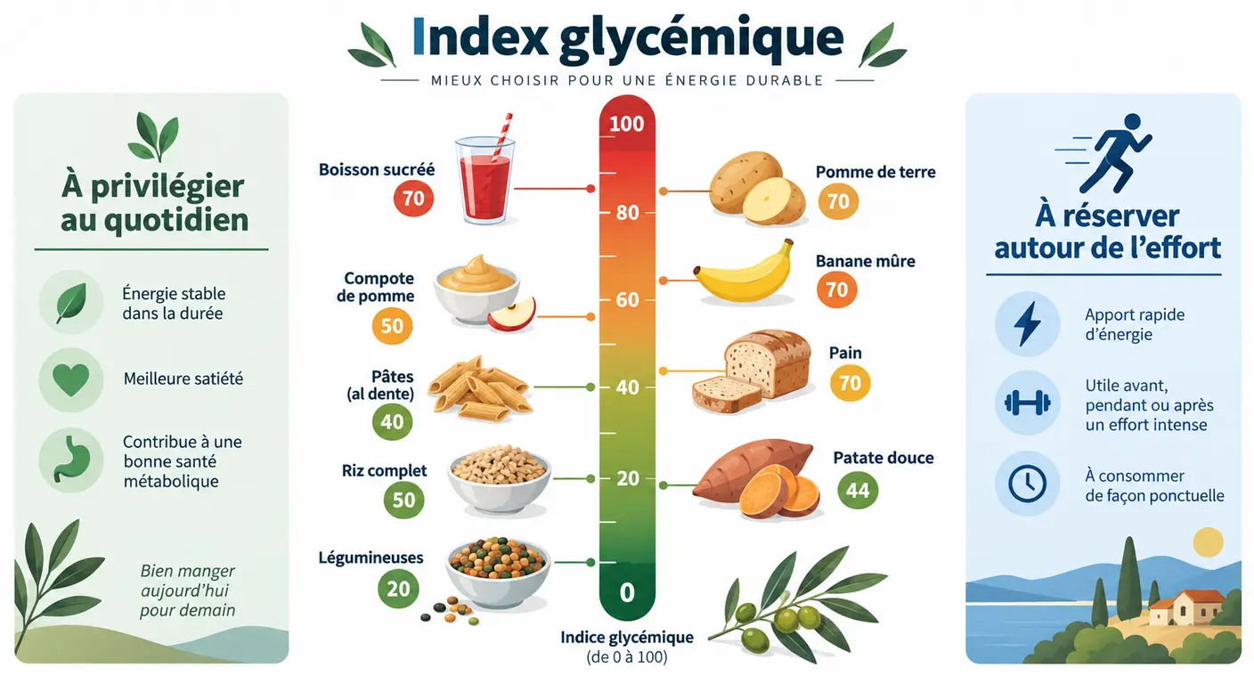 Infographie des sources de glucides du sportif de salle classées par index glycémique