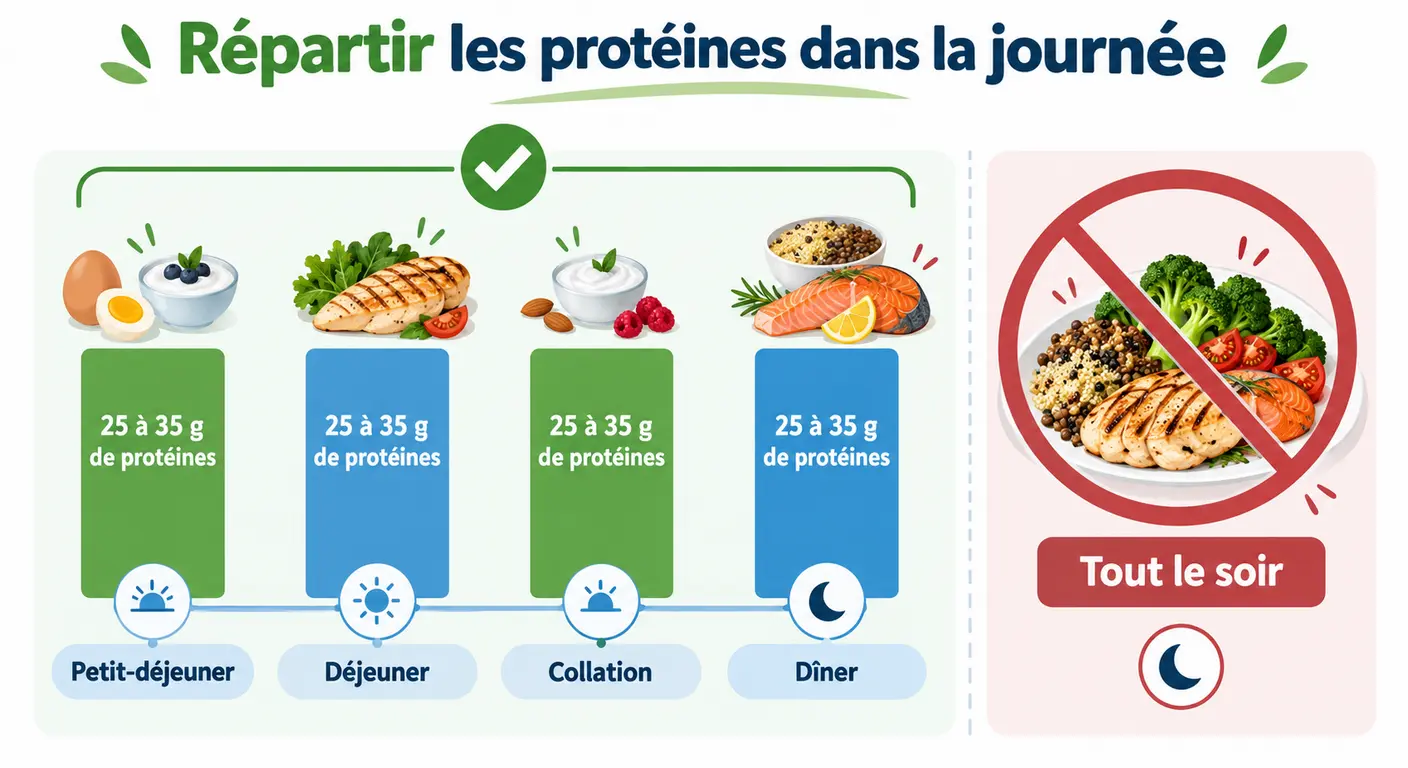 Infographie de la répartition des apports protéiques sur quatre prises dans la journée