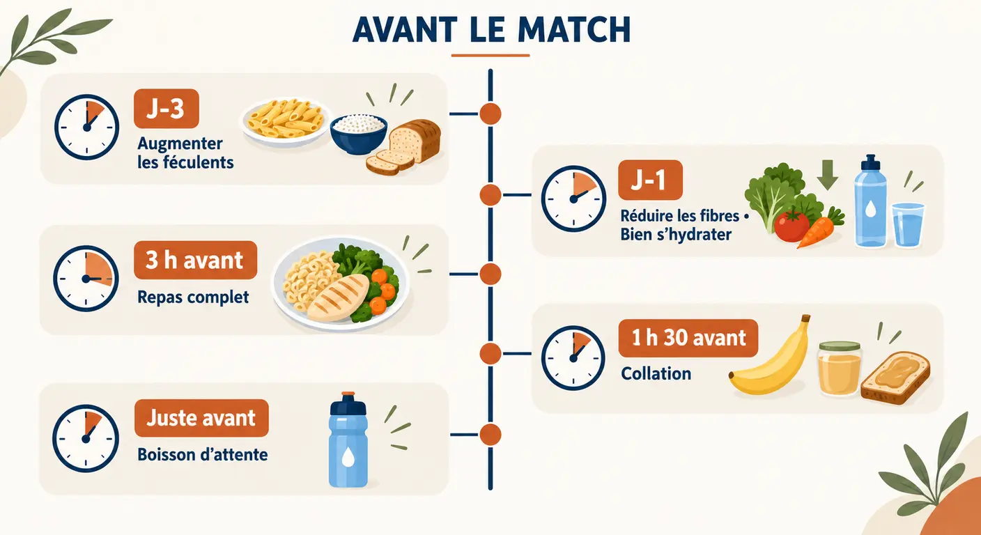 Infographie de la chronologie alimentaire de trois jours avant le match jusqu'au coup d'envoi