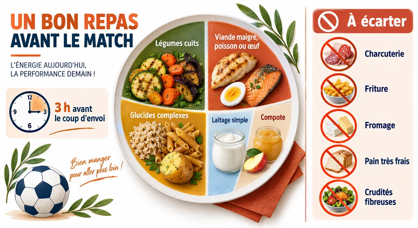 Infographie de l'assiette du repas pris trois heures avant un match de handball ou de volley