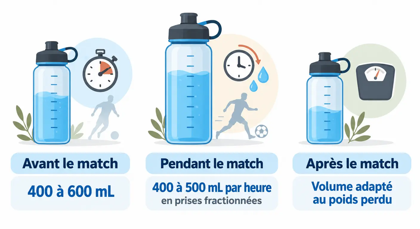 Infographie des trois volumes de boisson de référence avant, pendant et après un match en salle