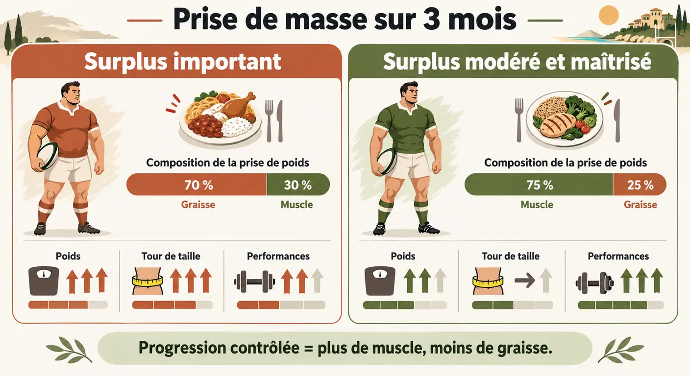 Comparaison entre un surplus calorique excessif et un surplus maîtrisé pour la prise de masse au rugby