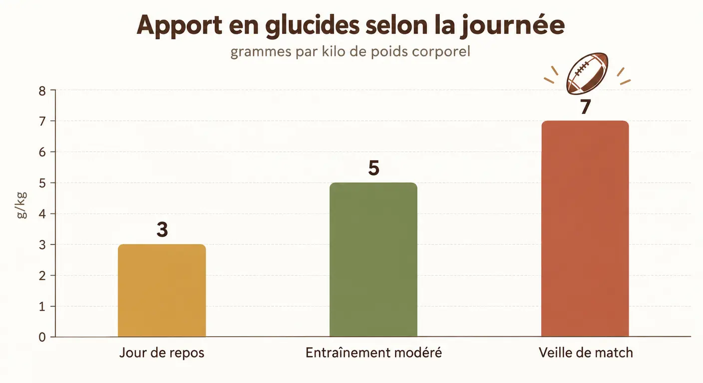 Apport en glucides recommandé selon le type de journée d'un joueur de rugby