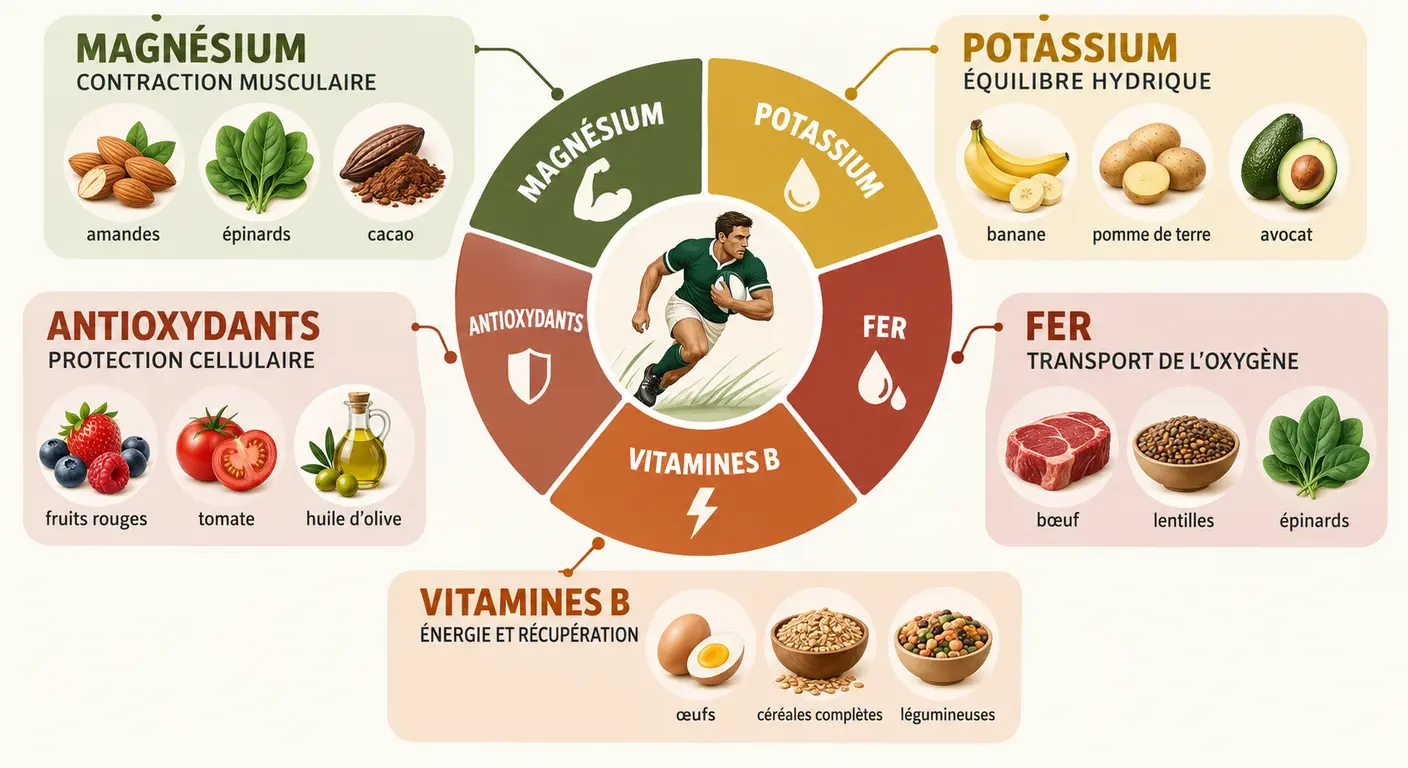 Roue des micronutriments clés pour le joueur de rugby et leurs sources alimentaires